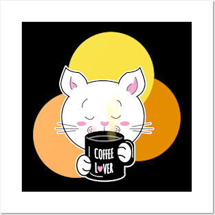 White cat drinking coffee lover Posters and Art